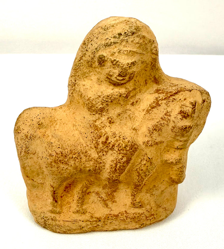 Ancient Roman Egyptian terracotta horse and rider figurine dating to the 1st–3rd century CE, featuring stylized equestrian craftsmanship.