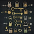 Vintage lock and key collection mounted in shadow box with industrial era padlocks and decorative skeleton keys