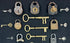 Historic lock collection with mixed metal padlocks and keys arranged in museum-style display frame