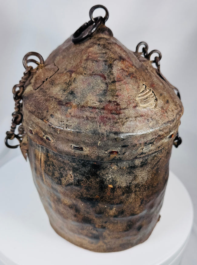 Himalayan ethnographic container with woven basketry interior and leather-covered exterior