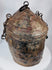 Himalayan ethnographic container with woven basketry interior and leather-covered exterior