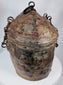 Himalayan ethnographic container with woven basketry interior and leather-covered exterior
