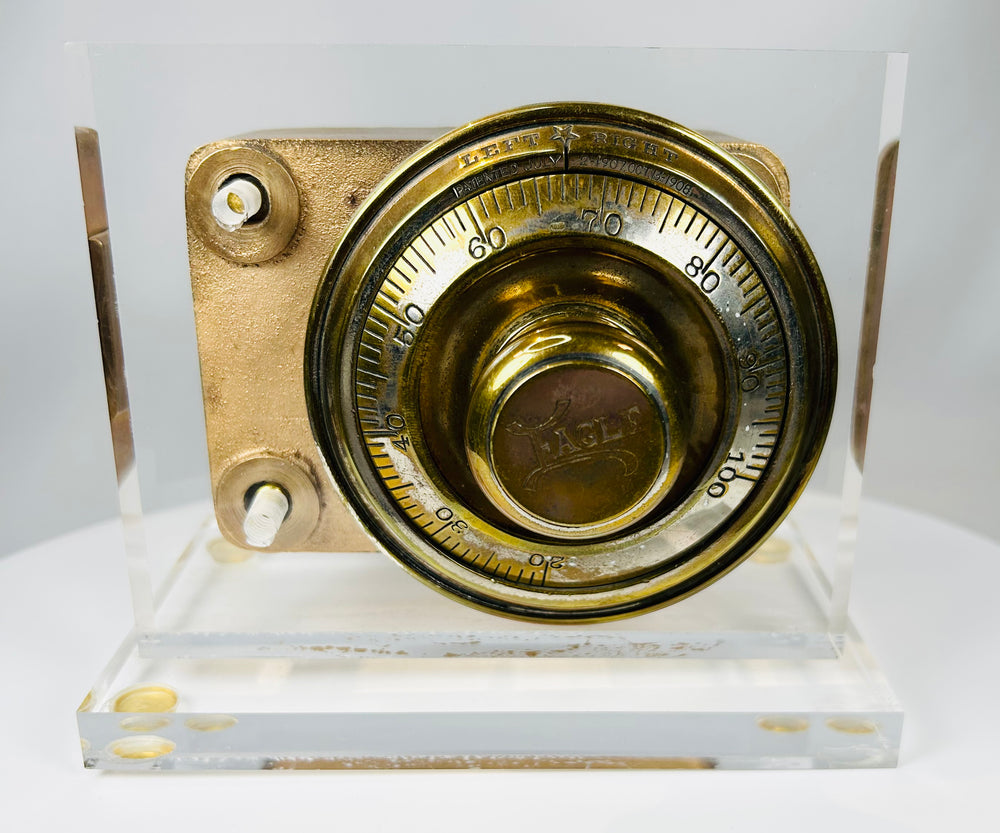 Early 20th century safe lock with engraved brass dial and original back plate