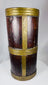 Himalayan hardwood storage jar displaying rich patina, hand-crafted brass fittings, and age-related wear.