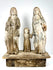 Antique carved wood Holy Family set on blocky stand with chipped grey and white paint