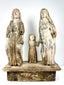 Antique carved wood Holy Family set on blocky stand with chipped grey and white paint