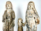 Frontal view of hand-carved wooden Holy Family trio with weathered white and grey finish