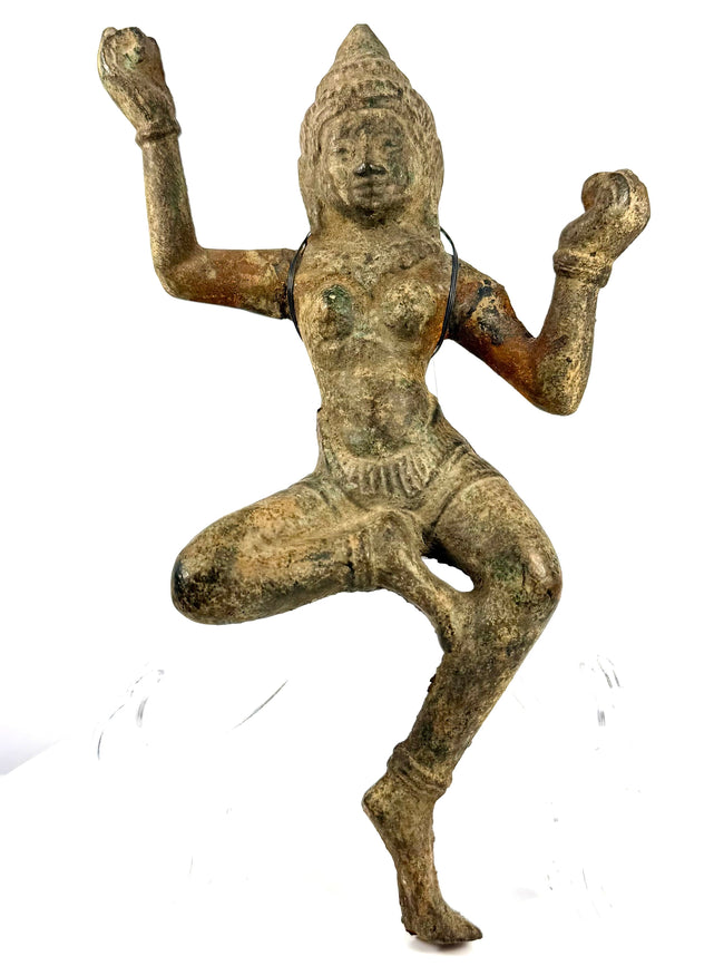 Historic South Asian bronze statue with an expressive dancing pose, serene facial features, and intricate ornamental details.