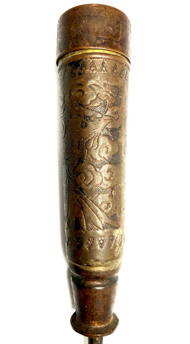 Antique Chinese bronze temple candle holder with engraved phoenix and floral motifs