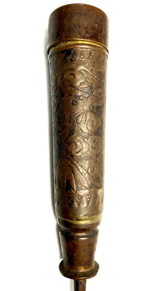Antique bronze cylindrical candle holder with geometric borders and tapered stem base