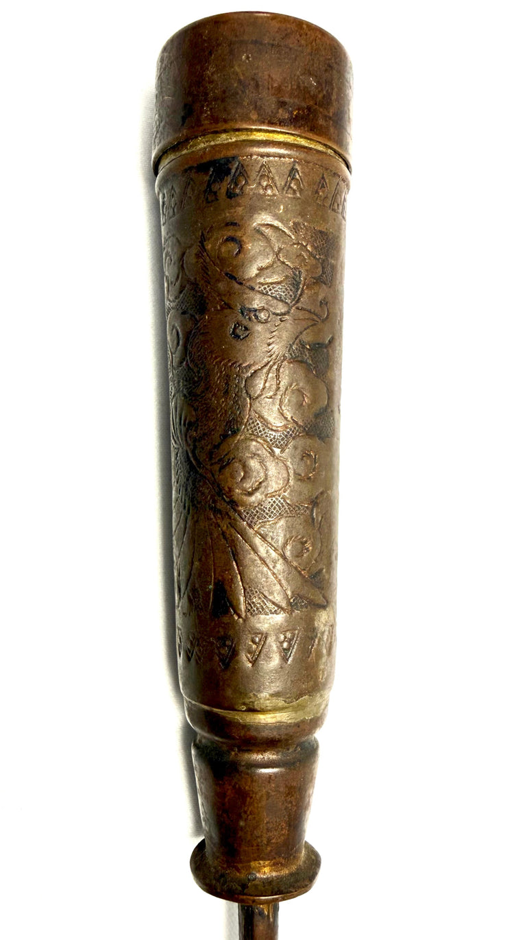 Antique bronze cylindrical candle holder with geometric borders and tapered stem base