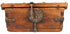 Frontal view of elmwood lockbox with heavy dark iron hardware, strap hinges, and central locking mechanism