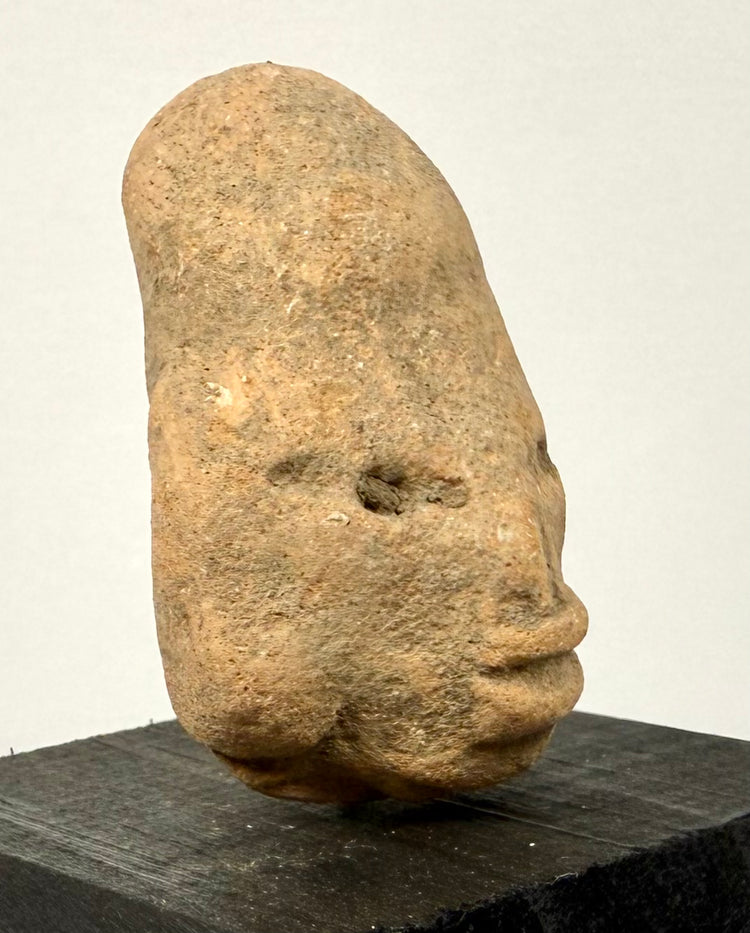 Three-quarter angle of Mesoamerican terracotta head showcasing protruding lips and extended skull length