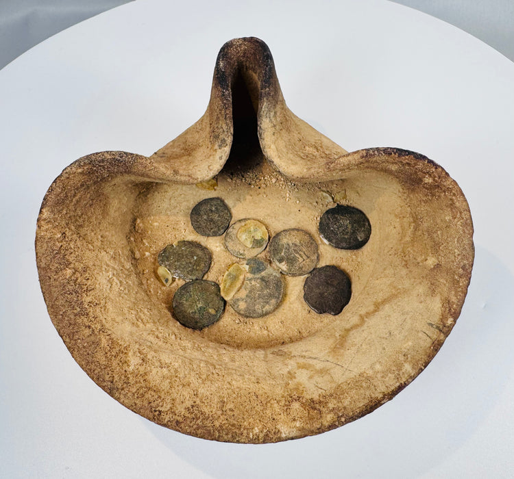 Ancient terracotta oil lamp from Carthage, North Africa, accompanied by bronze coins and collector provenance