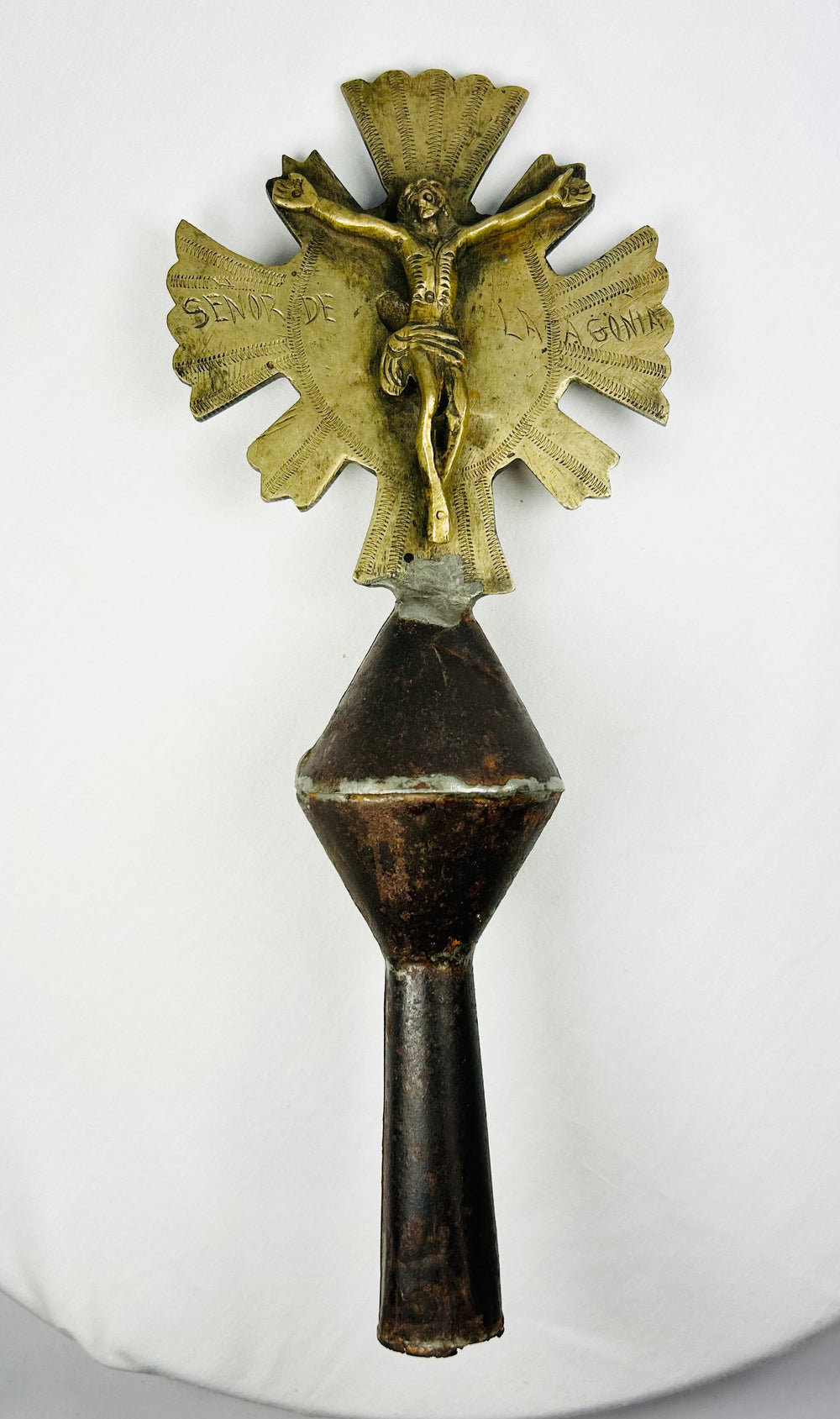 Double-sided Spanish Colonial brass processional cross finial, 18th–19th century, Latin America