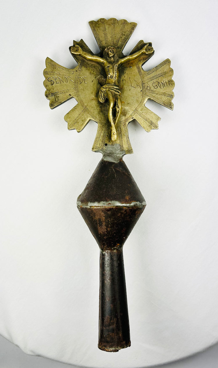 Spanish Colonial Brass Processional Cross Finial | Double-Sided Crucifix & Saint | 18th–19th Century