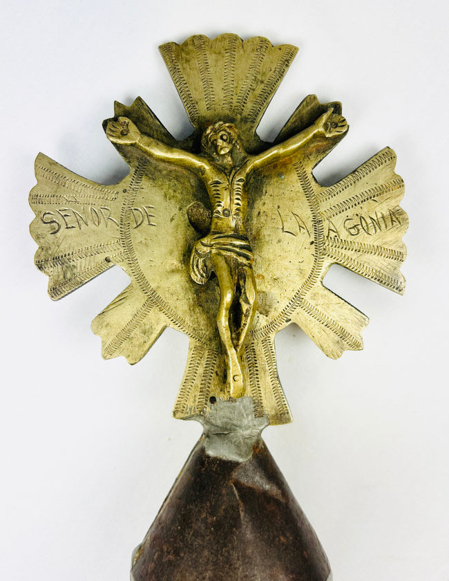 Spanish Colonial processional cross with Christ and saint, cast and engraved brass, iron shaft, 18th–19th c.