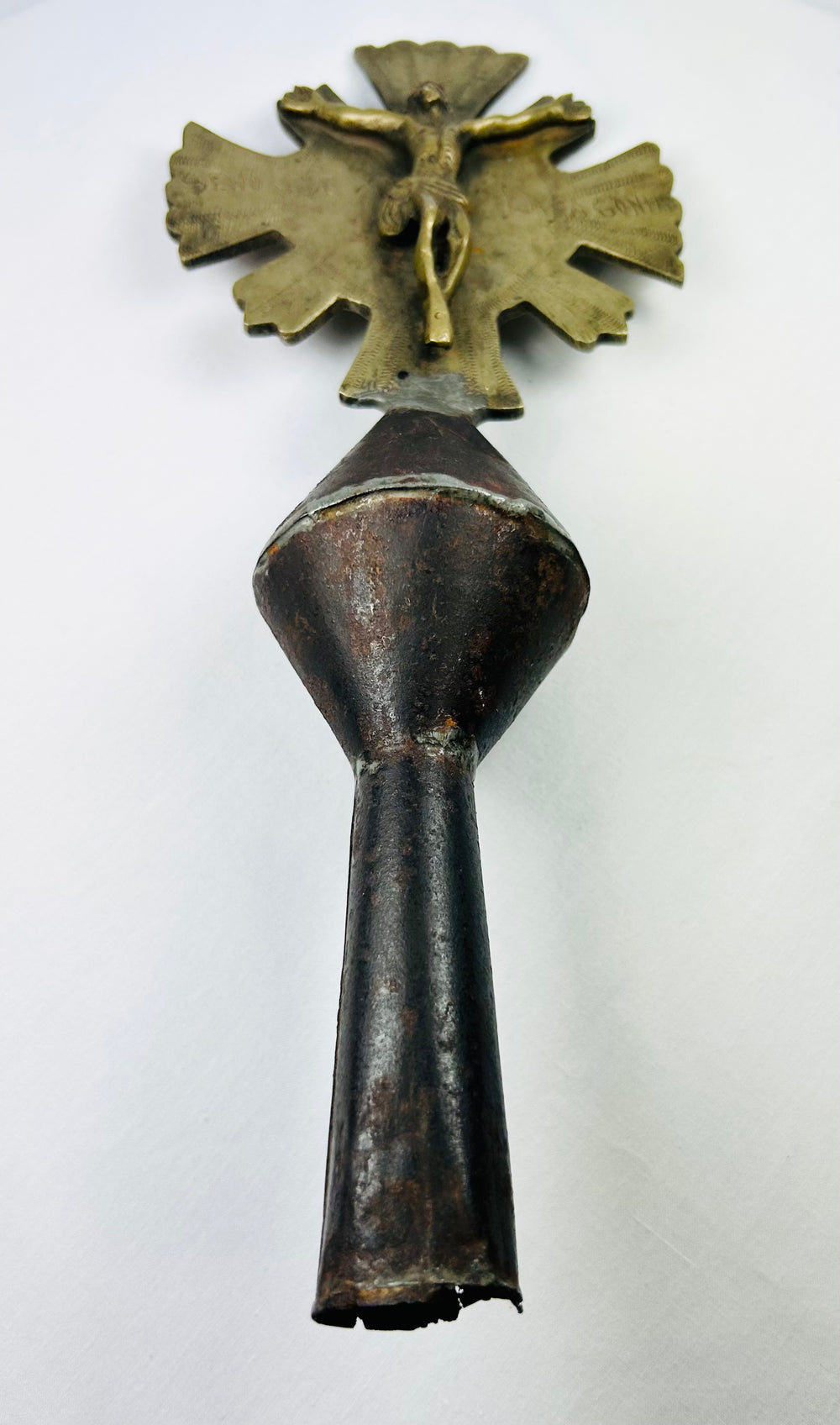 Latin American 18th–19th century processional cross finial, double-sided brass with crucifix and saint