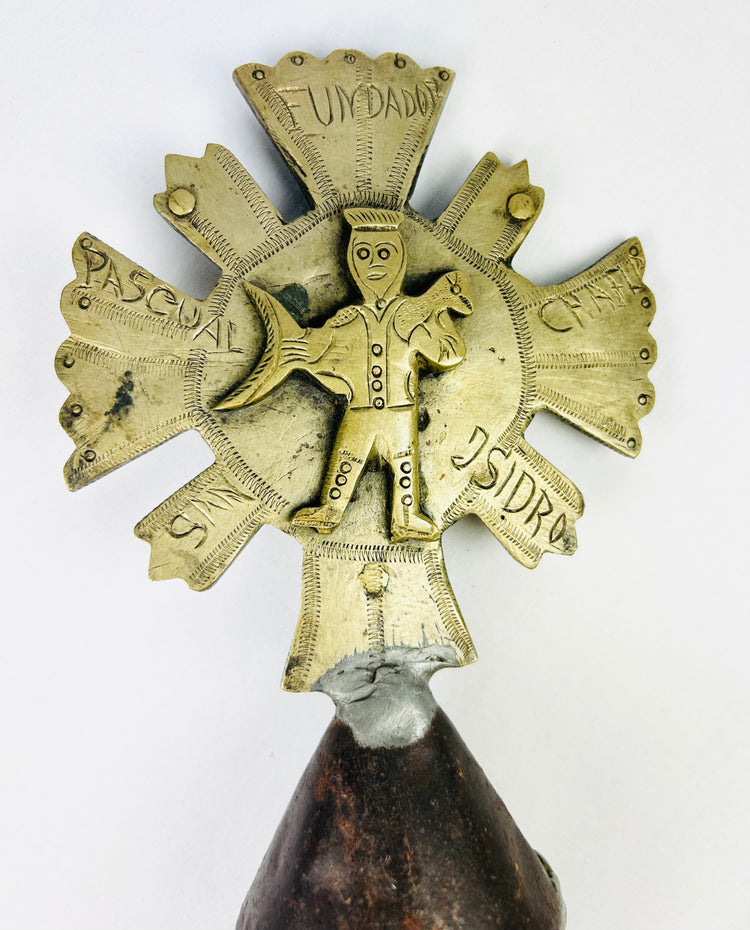 Spanish Colonial Brass Processional Cross Finial | Double-Sided Crucifix & Saint | 18th–19th Century