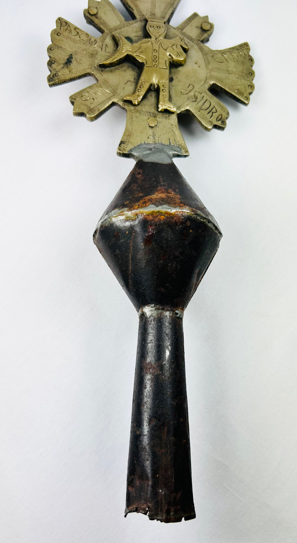 Cast and engraved brass processional cross finial, Christ crucifix and saint, Latin American colonial period