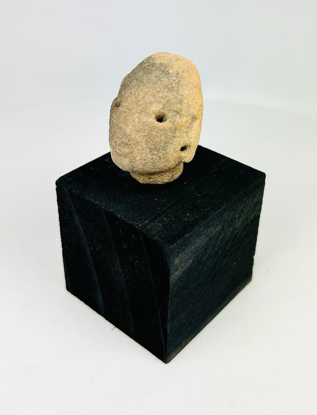 Ancient West Mexican terracotta head fragment from Nayarit or Jalisco, Pre-Columbian artifact, circa 300 BCE–300 CE, mounted for display