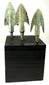 Green patinated bronze arrowheads with barbs mounted on black block