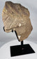 Weathered carved stone human head with mineral deposits and age-related patina