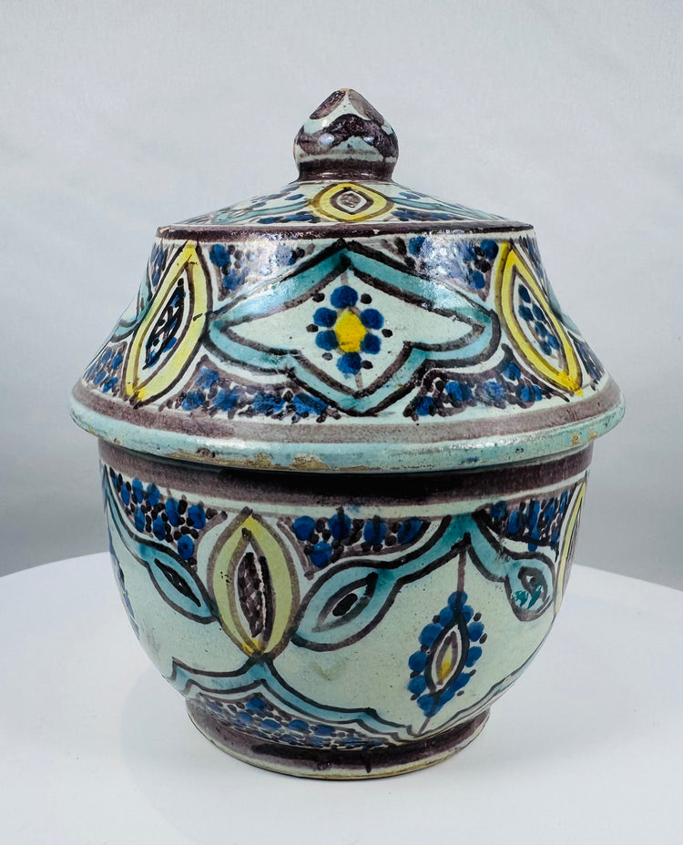 Hand-painted Moroccan glazed earthenware jar with domed lid and turquoise accents