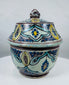 Hand-painted Moroccan glazed earthenware jar with domed lid and turquoise accents