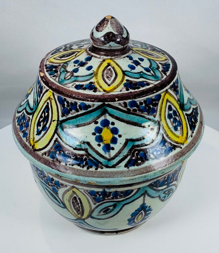 Fes pottery vessel with cobalt blue, yellow, turquoise, and manganese decoration