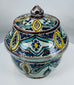 Fes pottery vessel with cobalt blue, yellow, turquoise, and manganese decoration