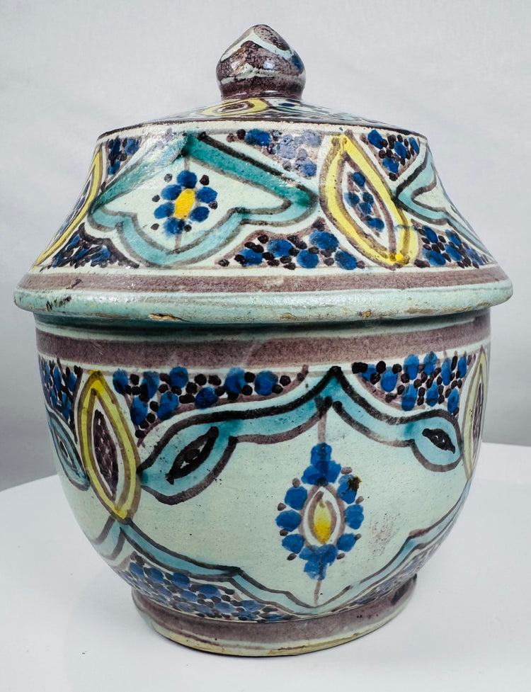Traditional Fes pottery covered jar with polychrome Islamic floral motifs