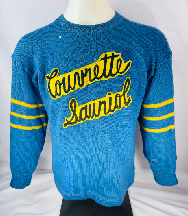 Front view of blue Couvrette & Sauriol wool hockey sweater with yellow felt lettering