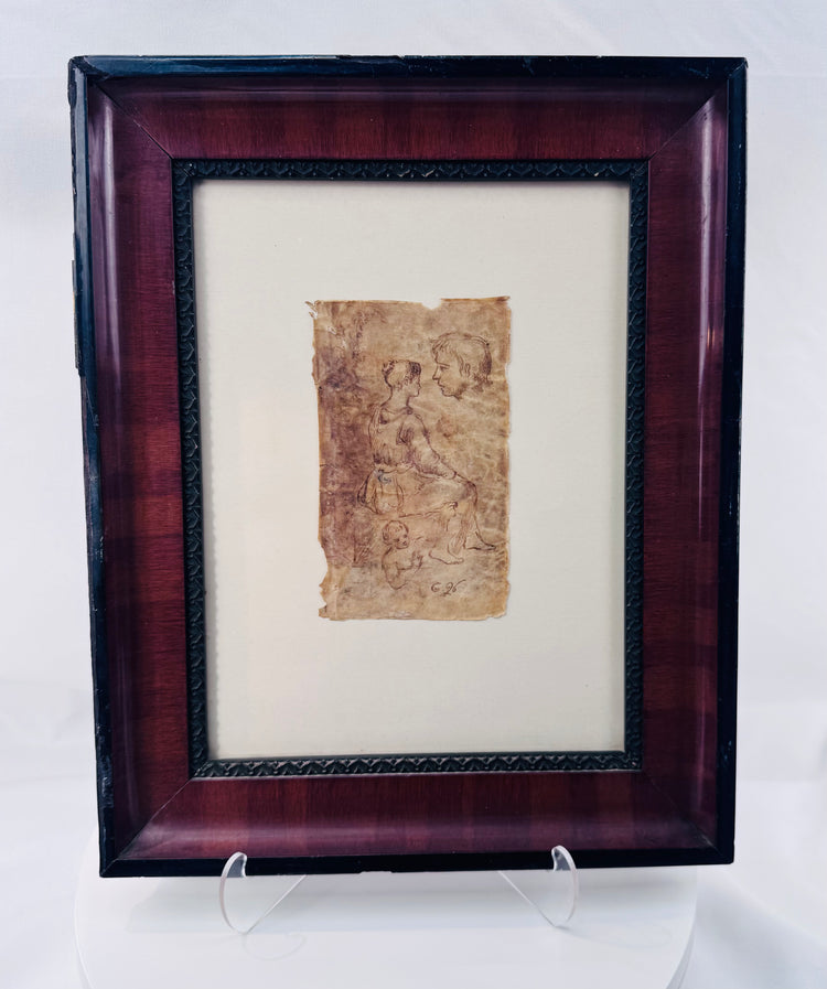 European Old Master style figure sketch executed in sepia ink on animal parchment
