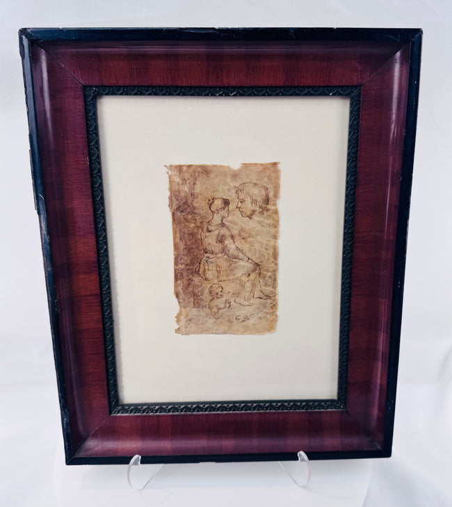 Antique sepia ink drawing showing multiple anatomical and compositional figure studies