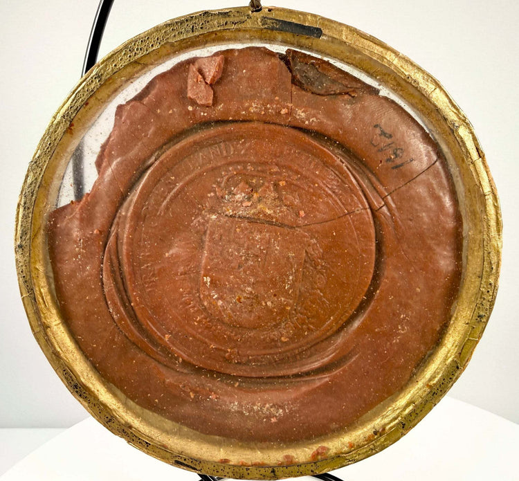 Antique Spanish royal red wax seal dating to circa 1612, featuring an enthroned monarch surrounded by a Latin inscription.