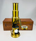 Victorian scientific instrument microscope with brass construction and optical glass