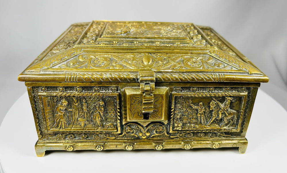 Antique gilt bronze cigar box with Renaissance scenes and wood interior