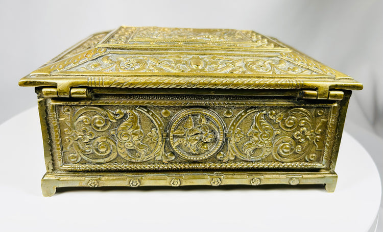 Belgian metalwork cigar box with mythological scenes and plaque dated 1932