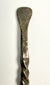 Antique Roman bronze spoon measuring approximately 5.5 inches long, with a twisted handle and shallow bowl.
