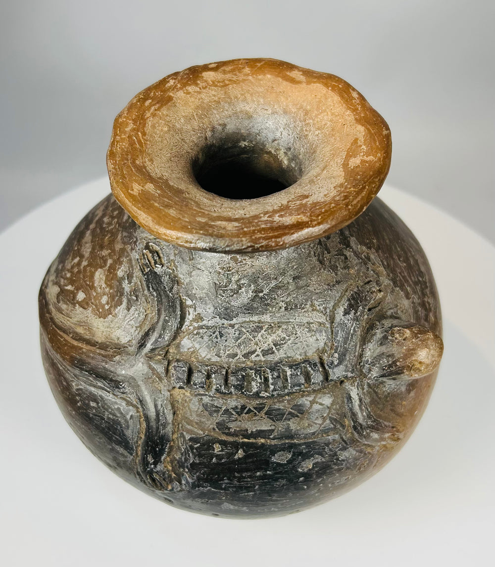 Nicoya culture pottery vessel with sculptural reptile decoration