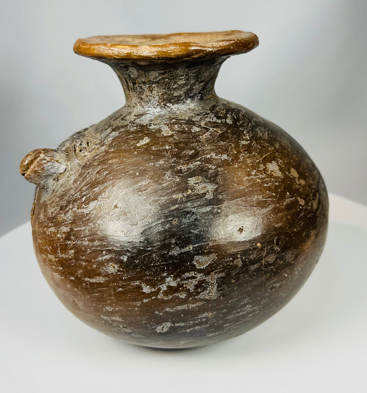 Ancient Nicoya pottery with raised animal motifs and mineral deposits