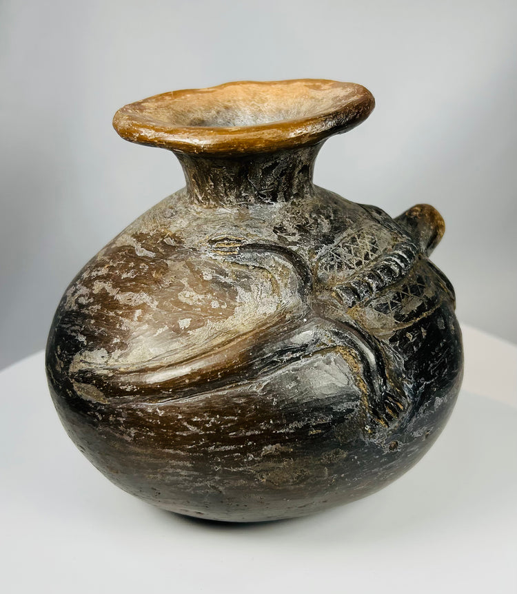 Ancient Costa Rica pottery vessel with reptile imagery and aged surface