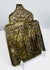 Cast bronze Russian Orthodox icon panel with geometric borders, religious figures, and aged dark patina.