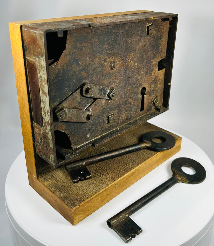 Georgian Victorian rim lock with internal workings and skeleton key