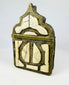 Antique Berber brass amulet box with incised bone panels and geometric motifs, 19th century Morocco.