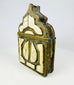 Moroccan tribal talisman box, 1800s brass body with bone inlay decoration and pointed arch lid.
