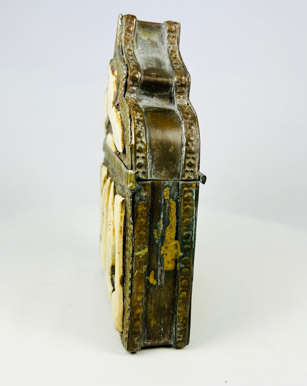 North African Berber devotional amulet container, brass with carved bone inlay and rich aged patina.