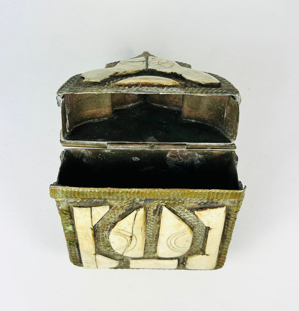 Authentic Moroccan Berber brass amulet box with bone inlay, Islamic devotional artifact, 1800s.