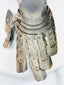 16th–17th-century style armoured gauntlet, forged steel construction, photographed on plain white.